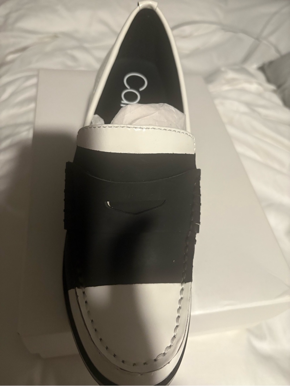 Calvin Klein Women’s Pamelya Two-Tone White and Black Penny Loafers